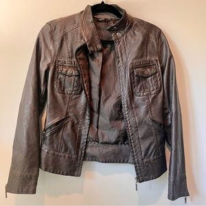 Sophie Max Brown Gray Faux Leather Bomber Jacket SIZE XS